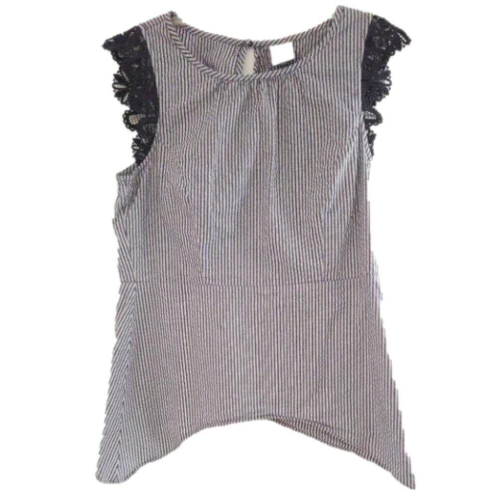 Cabi Navy & White Striped Sleeveless Lace Tunic Blouse – Medium Cotton Spandex